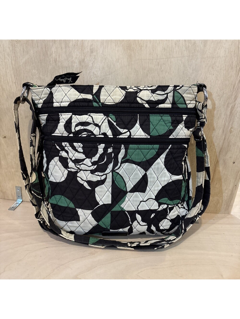 Vera Bradley Crossbody Bag Womens Medium Black Green Floral Quilted Cotton Purse